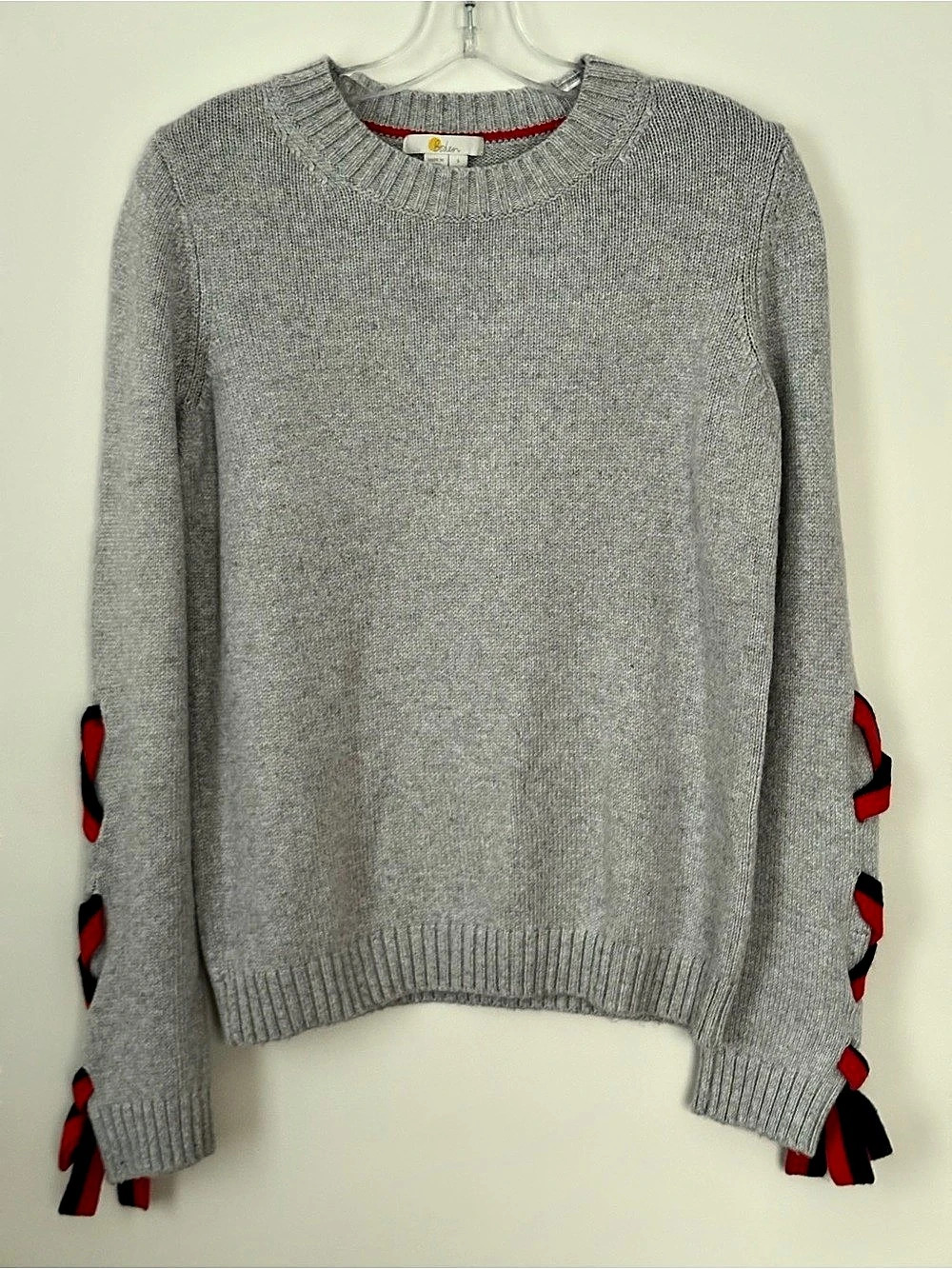 Boden Angelica Gray Cashmere Blend Sweater S Ribbon Lace Up Bow Sleeve